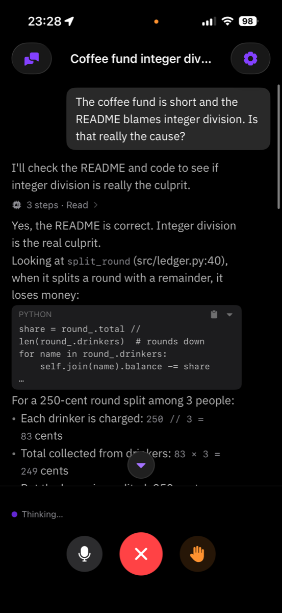 Clack on an iPhone, showing a Claude Code session working out where a coffee fund is losing money